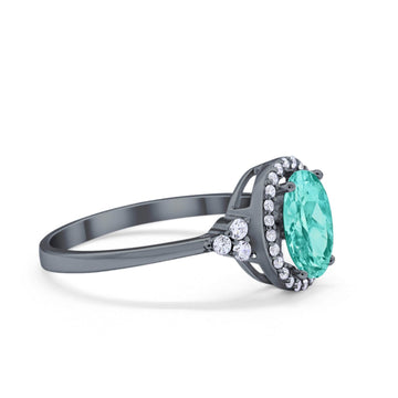 Halo Art Deco Oval Engagement Ring Black Tone, Simulated Paraiba Tourmaline CZ 925 Sterling Silver